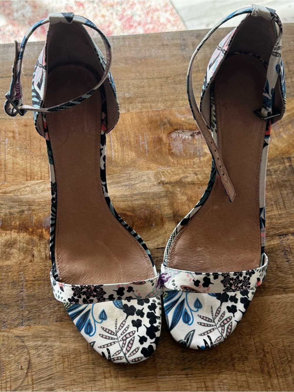 Halogen Floral Ankle-Strap Heels in White, Blue, Black